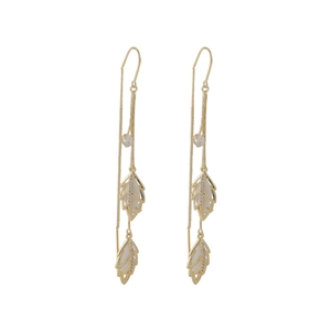 Elegant gold leaf tassel earrings with white opal stones and crystal accents for women