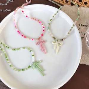 Zoete Kleurrijke Glazen Kralen Strik Halsketting Legering Strik Hanger Sleutelbeen Ketting Koreaanse Stijl Mode Sieraden Voor Dames
