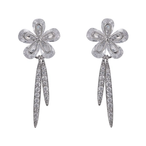 Elegant cubic zirconia flower drop earrings with sparkling petal design in silver finish