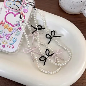 Sweet Beaded Phone Charm Bow Faux Artificial Pearl Lanyard For Women Girls Korean Style Handmade Phone Case Chain Accessory
