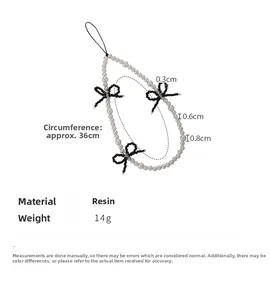 Detailed size specifications for pearl phone strap with black beaded bow accents