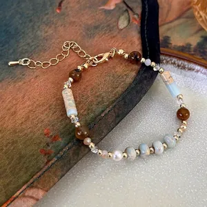 Bracelet fait main en perles d'eau douce et pierre de Shoushan au style rétro