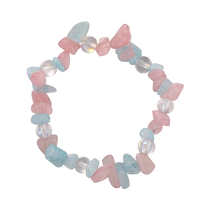 Pastel rose beads and clear iridescent stones in a woodland style beaded bracelet