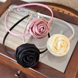 French Vintage Satin Rose Flower Choker Necklace For Women Elegant Handmade Beige Pink Floral Neck Jewelry Vacation Daily Accessory