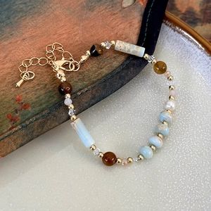 Bracelet Perlé en Pierre Naturelle et Perle d'Eau Douce Vintage pour Femme Bracelet en Alliage de Pierre Shoushan Multicolore Fait Main