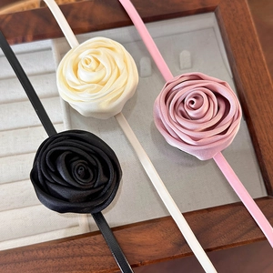 French retro satin rose floral necklaces in black beige and pink set of three