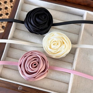 French style fabric rose choker necklace in black, beige, and pink silk texture
