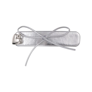 Silver rectangle jewelry box with metallic texture, bow tie cord, and heart charm