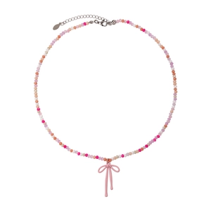 Kleurrijke glazen kralenketting met roze strikhanger en verstelbare zilveren sluiting