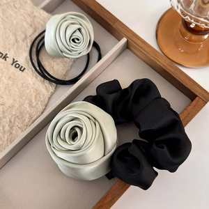 Mint green satin rose floral hair tie set with scrunchie and elastic band for women
