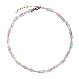 Colorful beaded necklace with pearls and candy-colored seed beads on white background