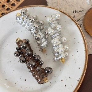 Three-piece spiral hair ring set with artificial pearls and polished metal beads