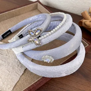 French Style Elegant Blue Fabric Butterfly Hairband Rhinestone Faux Artificial Pearl Fashion Headband For Women Hair Accessories