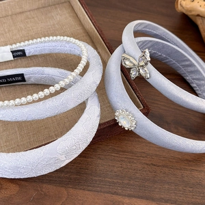 French blue satin headband set with rhinestones, pearls and handmade lace detail