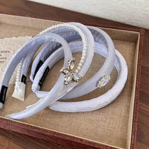 French style sea salt blue headband set with rhinestones, pearls and butterfly charms
