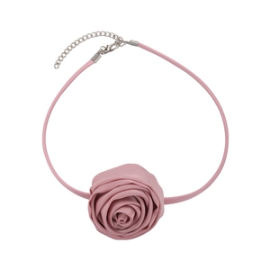 Chic pink fabric rose flower choker necklace with adjustable leather strap for women