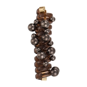 Spiral telephone wire hair tie with brown translucent band and dark grey metallic beads