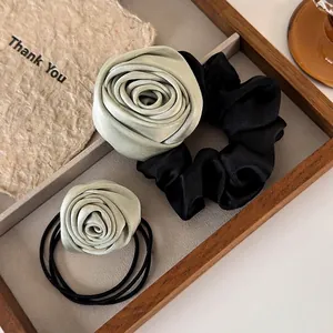 Elegant Mint Green Rose Flower Scrunchie Black Elastic Hair Tie Handmade Satin Fabric Floral Hair Accessories For Women