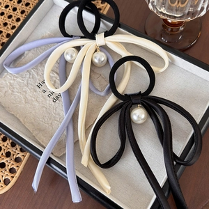 Elegant French style bow hair ties with pearl pendants in black, beige and lavender