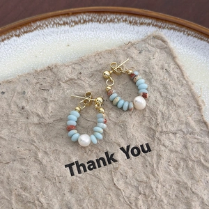 Minimalist freshwater pearl and marble bead hoop earrings with elegant golden studs