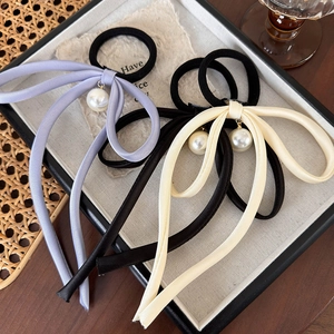 French style satin bow hair scrunchies with long ribbons and pearl pendants in three colors