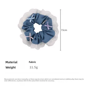 Detail of 15cm denim lace scrunchie with colorful ribbon bows and size specifications