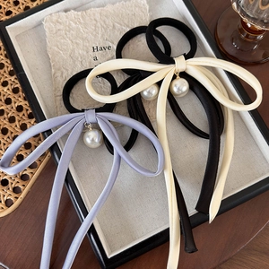 Elegant Satin Bow Hair Tie With Long Ribbon And Faux Artificial Pearl Pendant For Women French Vintage Style Hair Accessories