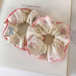 Pink embroidered bow and cherry cotton scrunchies set with soft aesthetic style
