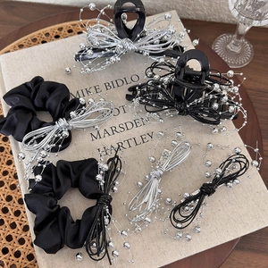 Silver bead chain bow hair clips and black scrunchie set for elegant women hair styling