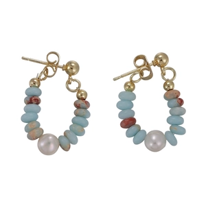 Handmade drop earrings with freshwater pearls, blue amazonite and brown jasper beads