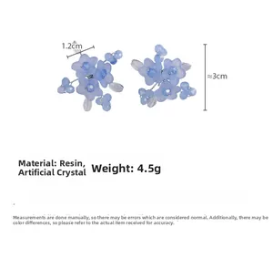Detail view of blue flower stud earrings with resin petals and crystal beads, 3cm height