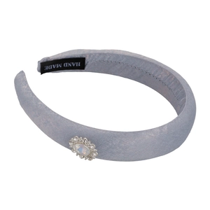 Elegant French blue fabric headband with rhinestone butterfly and oval opal gemstone