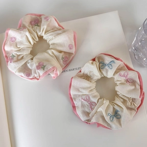 Pink cherry and bow tie embroidery cream fabric scrunchies set for women hair ties
