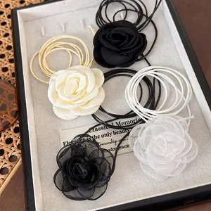 Collier Choker Vintage Fleur de Camélia Rose pour Femmes en Tissu Maille Longue Corde Cirée Bijoux de Cou Faits à la Main