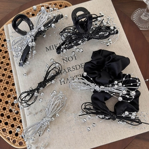 Women Korean Elegant Bowknot Hair Clip Alloy Resin Bead Shark Clip Black Satin Scrunchie Hair Accessories For Daily Party