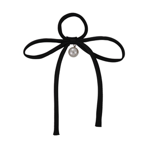 Elegant black ribbon bow hair tie with a white pearl pendant for a French chic style
