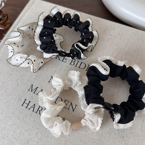 Chiffon polka dot and lace scrunchie set for high ponytail styling and hair ties