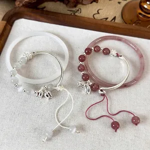 Bracelet Style Chinois Muguet Pierre Oeil De Chat Quartz Fraise Pendentif Serrure Paix Jonc Réglable Bijoux Pour Femmes