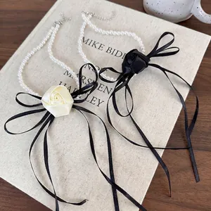 French Vintage Satin Rose Artificial Pearl Choker Necklace With Long Ribbon Bow Elegant Handmade Fabric Flower Necklace For Women Wedding Party Jewelry
