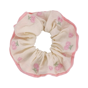 Pink cherry embroidery scrunchie with cream cotton fabric and delicate contrast piping