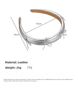 Detailed size chart for silver leather headband with bow including width and height