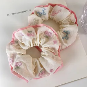 Sweet Pink Embroidered Cherry Bow Scrunchies For Women Fabric Hair Ties Creamy Korean Style Cute Hair Accessories