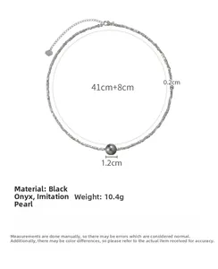 Detailed sizing chart for silver and pearl necklace showing 41cm length and 1.2cm pearl