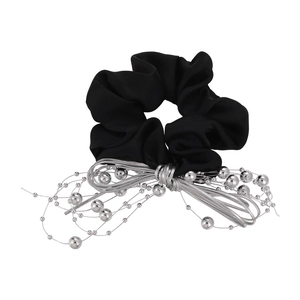 Elegant black scrunchie with silver bead chain tassels and ruffled satin fabric style
