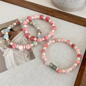 Handmade Beaded Stone Bracelet Pastel Pink Blue Elastic String Bracelet New Chinese Style Jewelry Gift For Women Girls