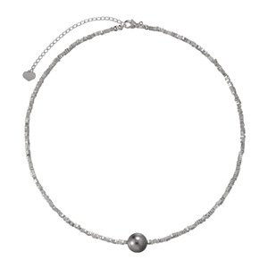 Minimalist silver fragmented bead necklace with center grey pearl and lobster clasp