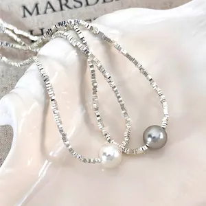 Minimalist Silver Square Block Chain Artificial Pearl Necklace With Heart Charm Adjustable Choker For Women Elegant Daily Party Jewelry