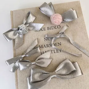 Elegant Silver Metallic Bow Hair Clip Sweet Rose Floral Duckbill Spring Clip Korean Fabric Hair Accessories For Women Jewelry