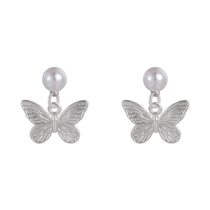 Elegant silver butterfly earrings with white pearls in a minimalist design for women