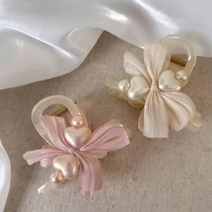 Women Elegant Acrylic Hair Claw Clip With Chiffon Bow And Heart Faux Artificial Pearl Sweet Korean Style Shark Clip Hair Accessory